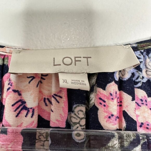 LOFT Shirred Flounce Tiered Midi Dress Navy Blue Floral Boho XL - Picture 4 of 9